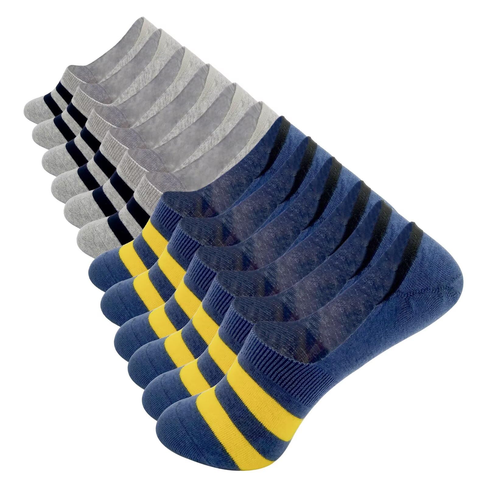Anfaffia Men's Grey, Blue 6 Pairs No Show Loafer Socks Invisible Low Cut Trainer Cotton Socks With Non Slip Grip, Breathable Short Thin Sock,