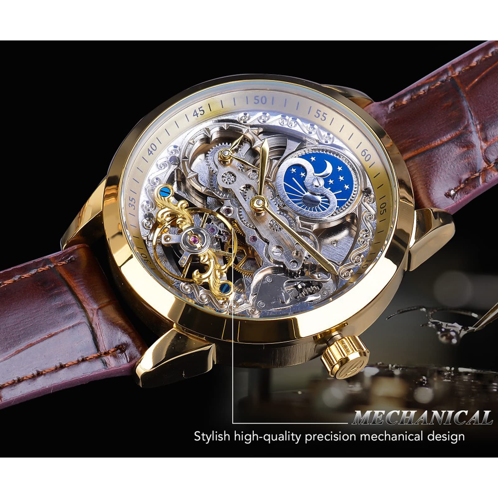 FORSINING Herrenuhr Tourbillon Mondphase Automatische Herren Leder Armbanduhr Mode Business Skelett Luxus Handaufzug Uhren, gold, Gürtel