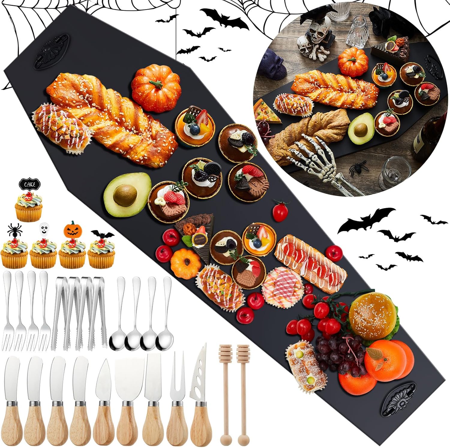 Liliful 76 Pcs Halloween Coffin Charcuterie Board Accessories Set 34 x 11 Inch Extra Large Charcuterie Board with Cheese Knife Set Halloween Party Platter Gothic Serving Platter
