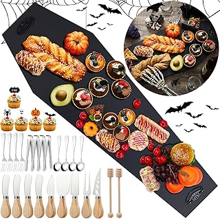 76 Pcs Halloween Extra Large Charcuterie Board Accessories Set 36 x 12 Inch Long Charcuterie Board with Cheese Knife Set Halloween Party Platter Gothic Coffin Serving Board Charcuterie Platter