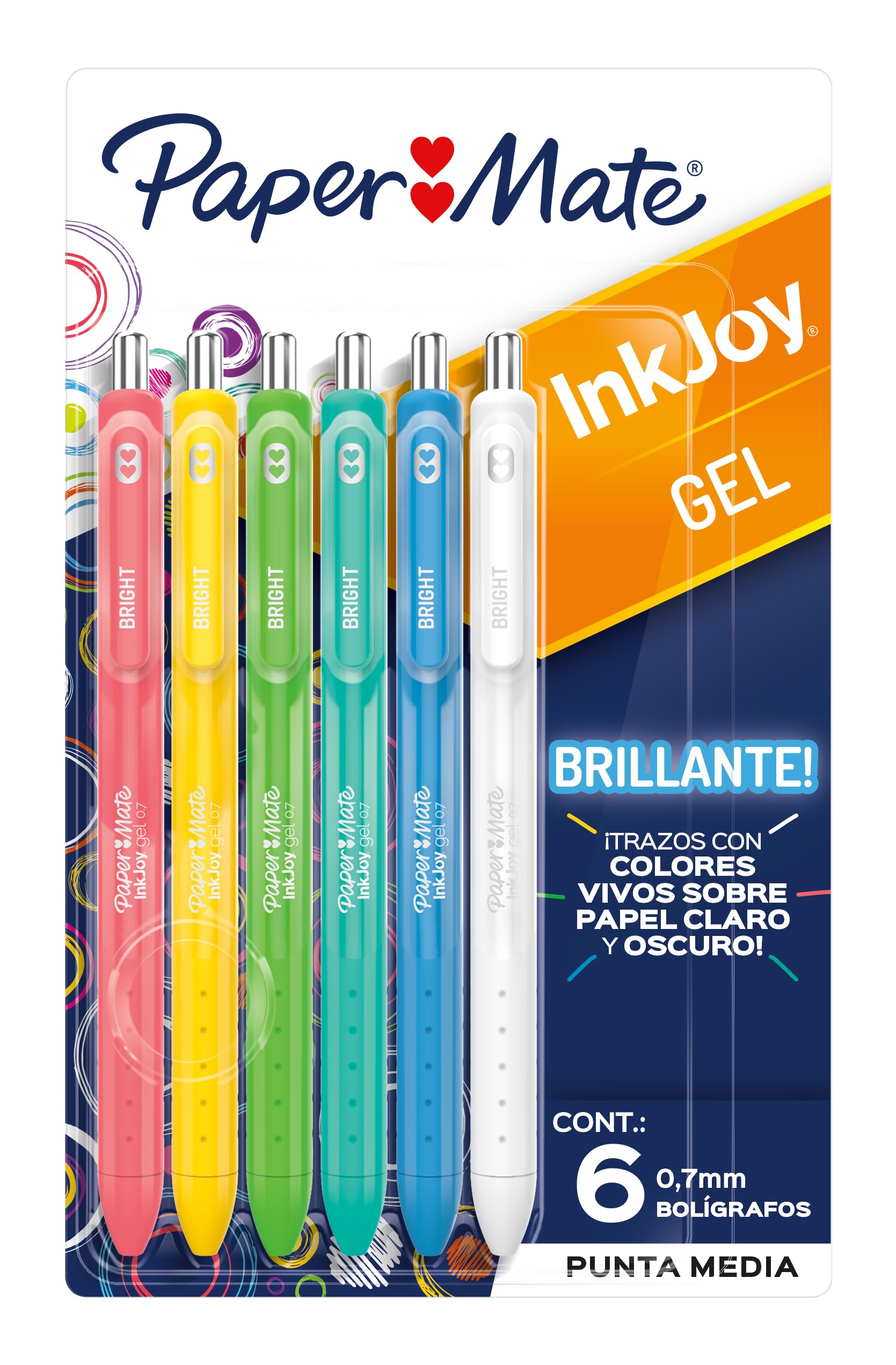 Paper Mate Plumas de Gel Brillantes InkJoy, Punto Medio 0.7MM, Retráctil, Brillantes Variados Colores, 6 Piezas, 2198010