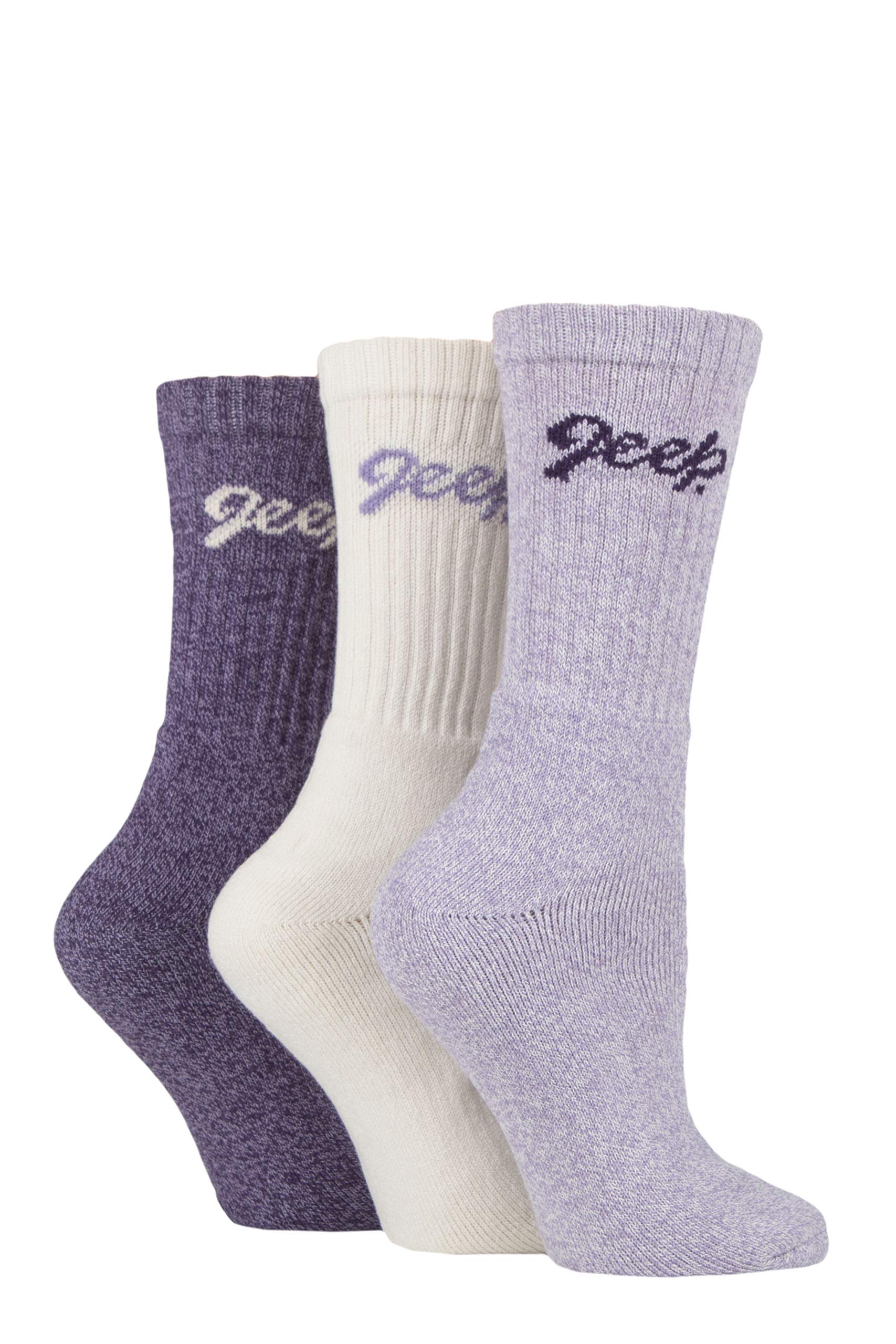 Jeep Ladies Cushioned Foot Cotton Boot Socks Pack of 3 Violet/Cream 4-8