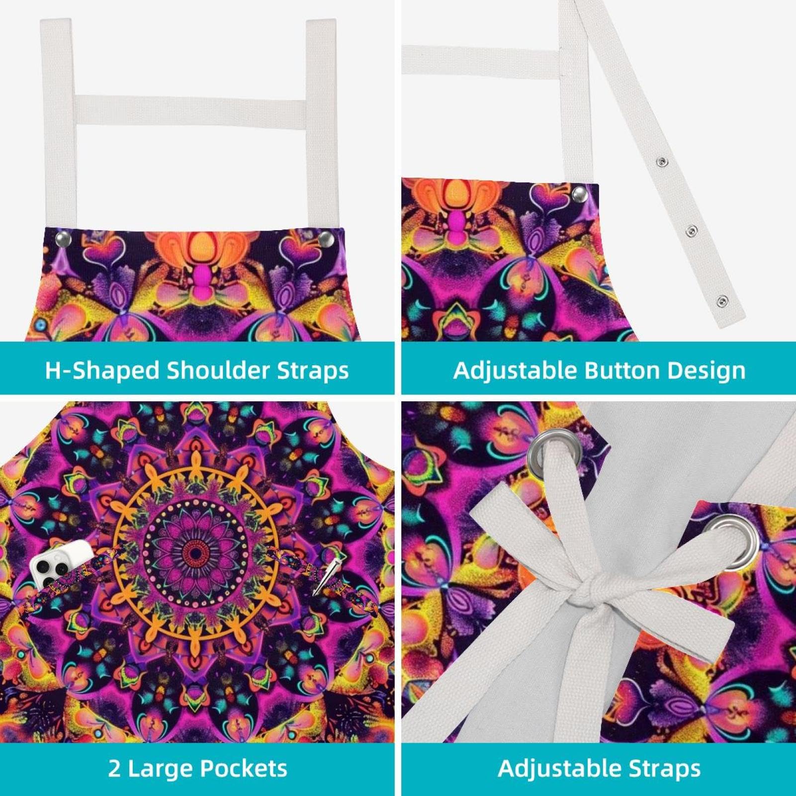 Lot de 2 tabliers de cuisine en lin pour homme et femme - Motif mandala psychédélique - Avec 2 poches réglables - Violet, Mandala psychédélique hippie violet,