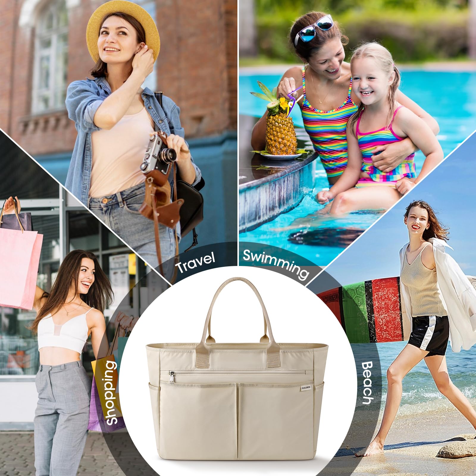 IGOLUMON Strandtasche XXL Familie Groß Badetasche mit Reißverschluss Wasserdicht 40L Vielseitiger Shopper Damen Tote Bag für Strand Pool Fitnessstudio Reisen Khaki