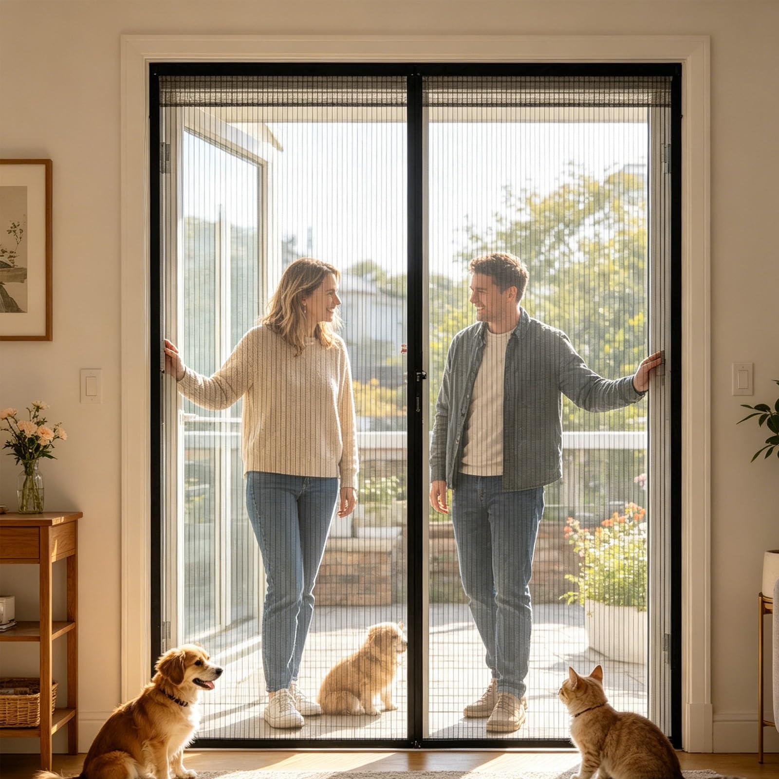 Gaifnag Black Fly Screens For Doors 145 X 178 Cm With Powerful Magnets And Full Frame Adhesive Strips, Hands-Free Closing Fly Insect Screen Door For Living Room Kitchen Patio,