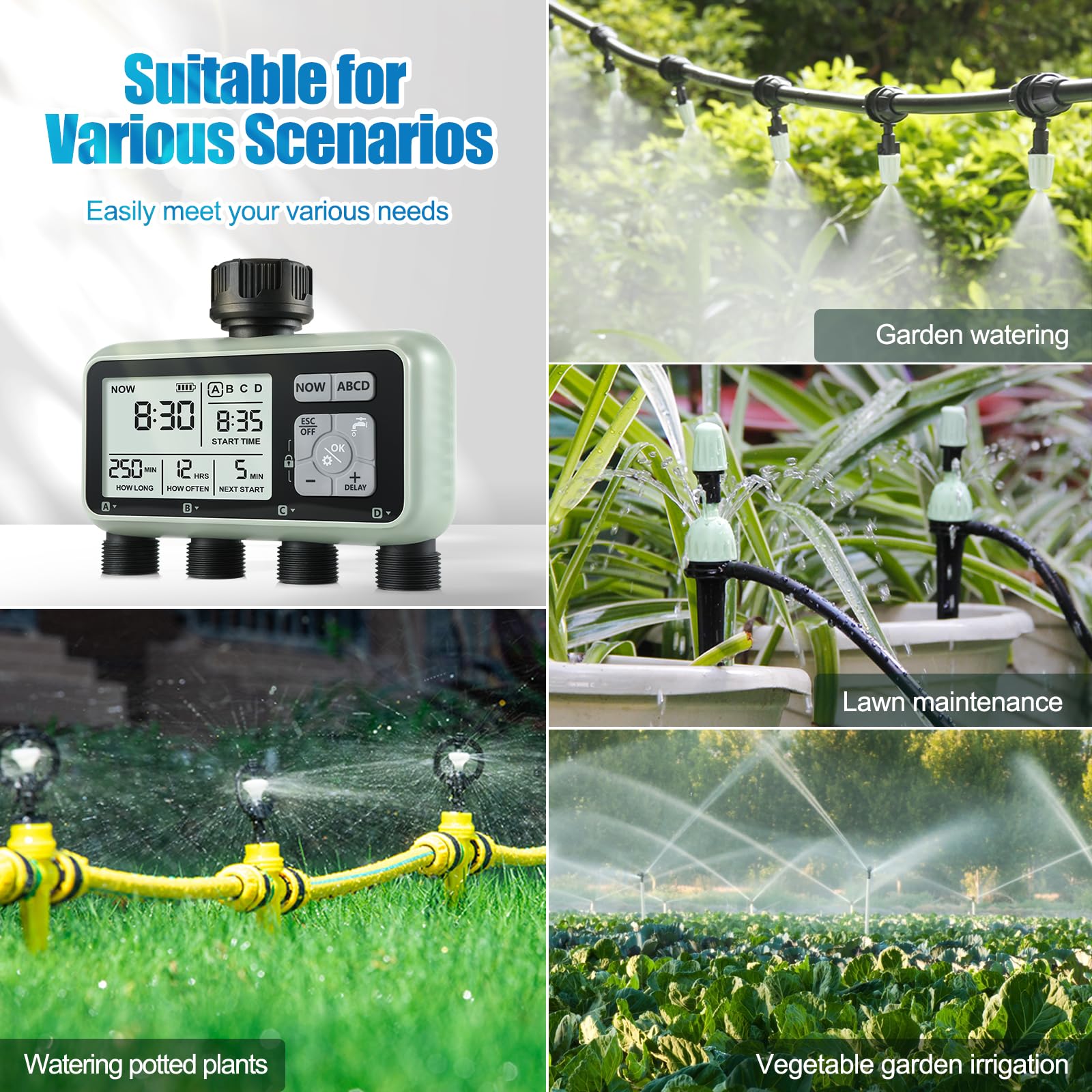 CROSOFMI Bewässerungscomputer 4 Ausgänge Garten Wasser Zeitschaltuhr Automatische Bewässerung/LCD-Bildschirm/Einfache Bedienung/Kindersicherung/Verzögerung bei starkem Regen/Manuelle Bewässerung