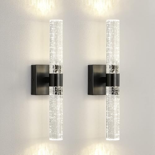 CCYCOL Juego de dos apliques de pared LED para tocador de baño modernos apliques de cristal negro iluminación de pared de 18 pulgadas 4000 K