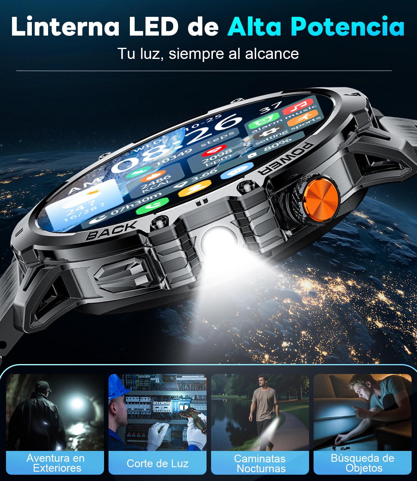 Reloj Inteligente Hombre con 1000mAh/LED Linterna, 1.85" HD Smartwatch Hombre con Llamadas Bluetooth, Frecuencia Cardíaca, Monitor de Sueño, IP68 Impermeable, 100+ Deportivos para Android iOS