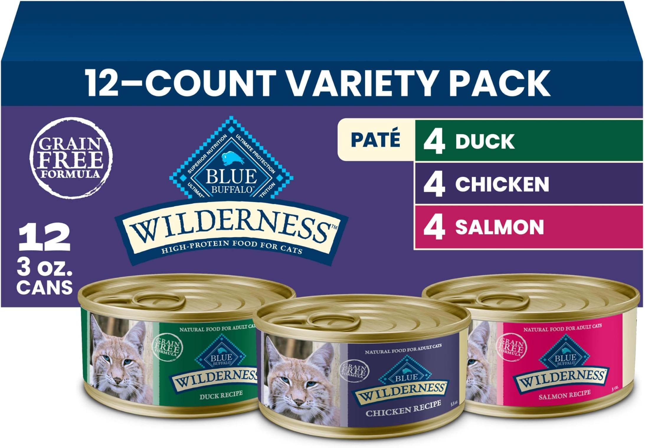 Blue Buffalo Wilderness Paté Variety Pack (Chicken, Salmon, and Duck) Adult Wet Cat Food, High-Protein & Grain-Free Recipes Enhanced with Vitamins, Minerals, and Other Nutrients, 3-oz. Each (12 Count)