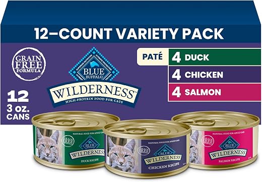 Blue Buffalo Wilderness High Protein, Natural Adult Pate Wet Cat Food Variety Pack, Chicken, Salmon, Duck 3-oz Cans (12 Count- 4 of Each Flavor)