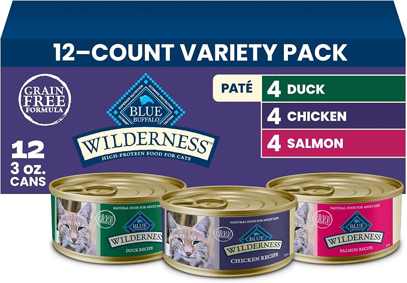 Ração úmida para gatos adultos Blue Buffalo BLUE Wilderness Paté Variety Pack, sabores frango, salmão e pato, 12 latas de 85 g