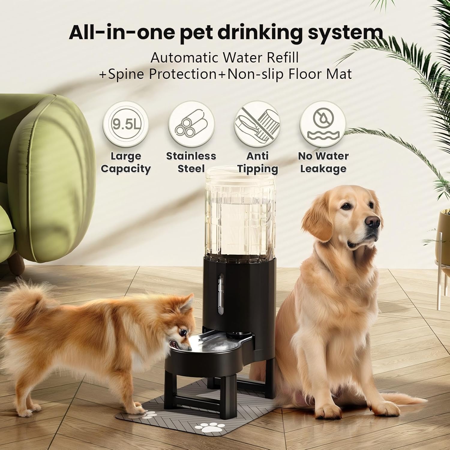 CZPET Elevated Dog Water Bowl Dispenser with Mat for Large Dogs,Tall Raised Pet Waterer Stand,Relieve Neck Pressure,Large Capacity and Drinking Area Noise-Free for Pets Dogs (9.5L+Stand+Mat,Black)