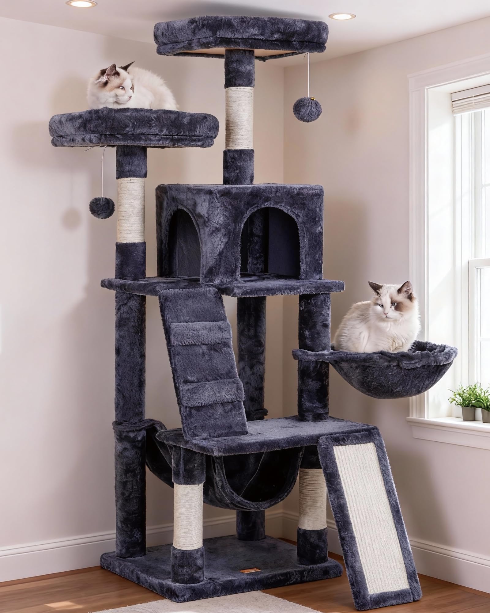 Heybly Cat Tree, Cat Tower for Indoor Cats, Multi-Level Cat Furniture Condo for Cats with Padded Plush Perch, Cozy Basket and Scratching Board, Smoky