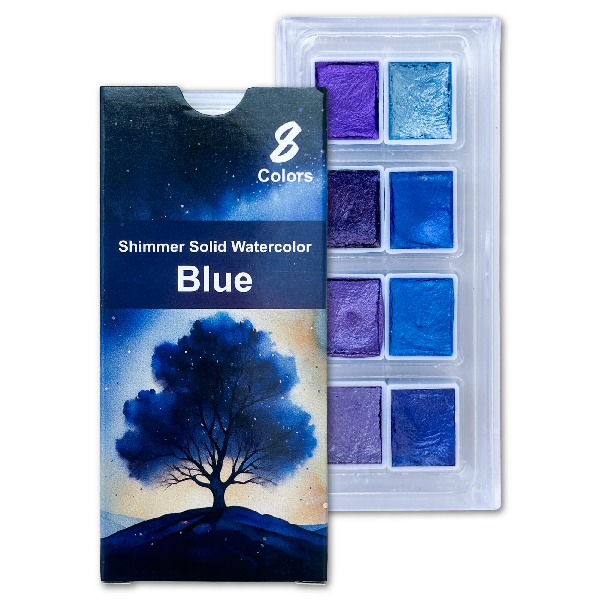 The Crafthives Shimmer Watercolor Set Blue and Purple Magic 8 Metallic Pearlescent Solid Colors for Painting Calligraphy Journaling Illustration DIY Crafts Artists and Kids