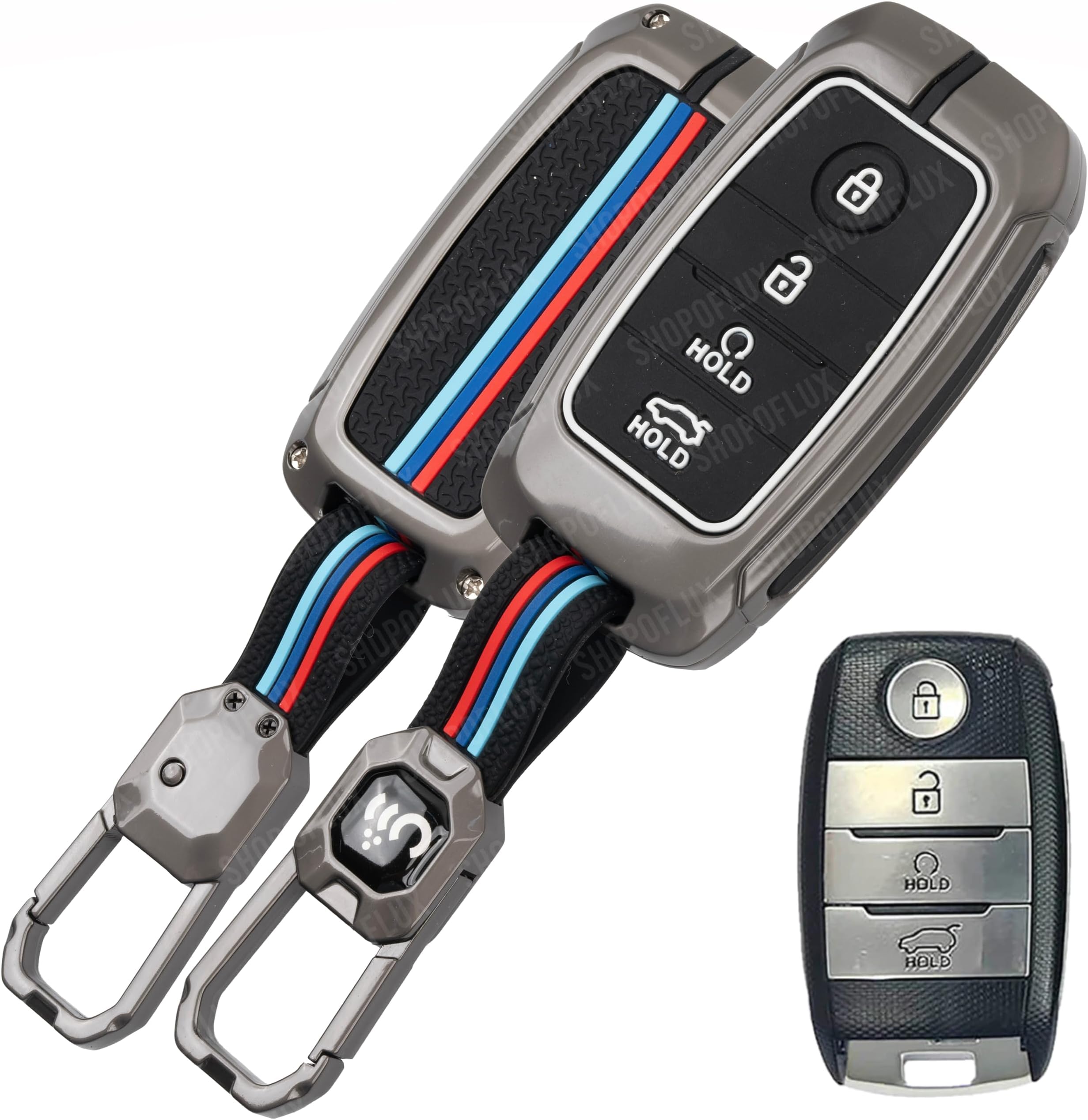 SHOPOFLUX Metal Key Cover Compatible with Kia Seltos | Sonet | Carens 4 Button Smart Key (Black) (Pack 1)