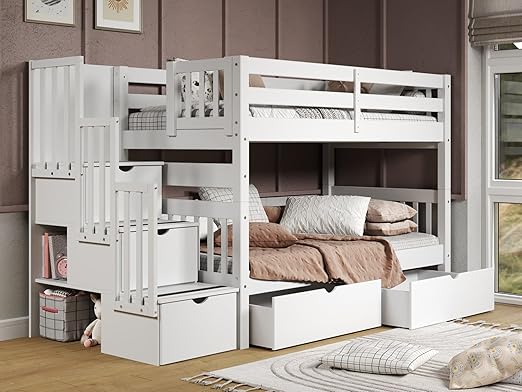 Bedz King Stairway Bunk Beds Twin over Twin with 3 Drawers in the Steps and 2 Under Bed Drawers, White