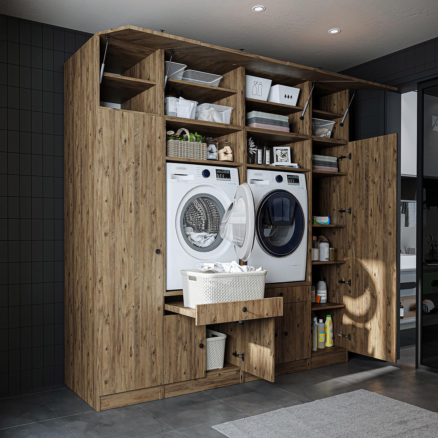 ROOMART Armoire murale pour buanderie et buanderie - 224 cm - Armoire haute avec planche coulissante - Meuble de conversion de machine à laver et étagère de rangement (chêne, V1 : 224 x 230 x 67 cm (l