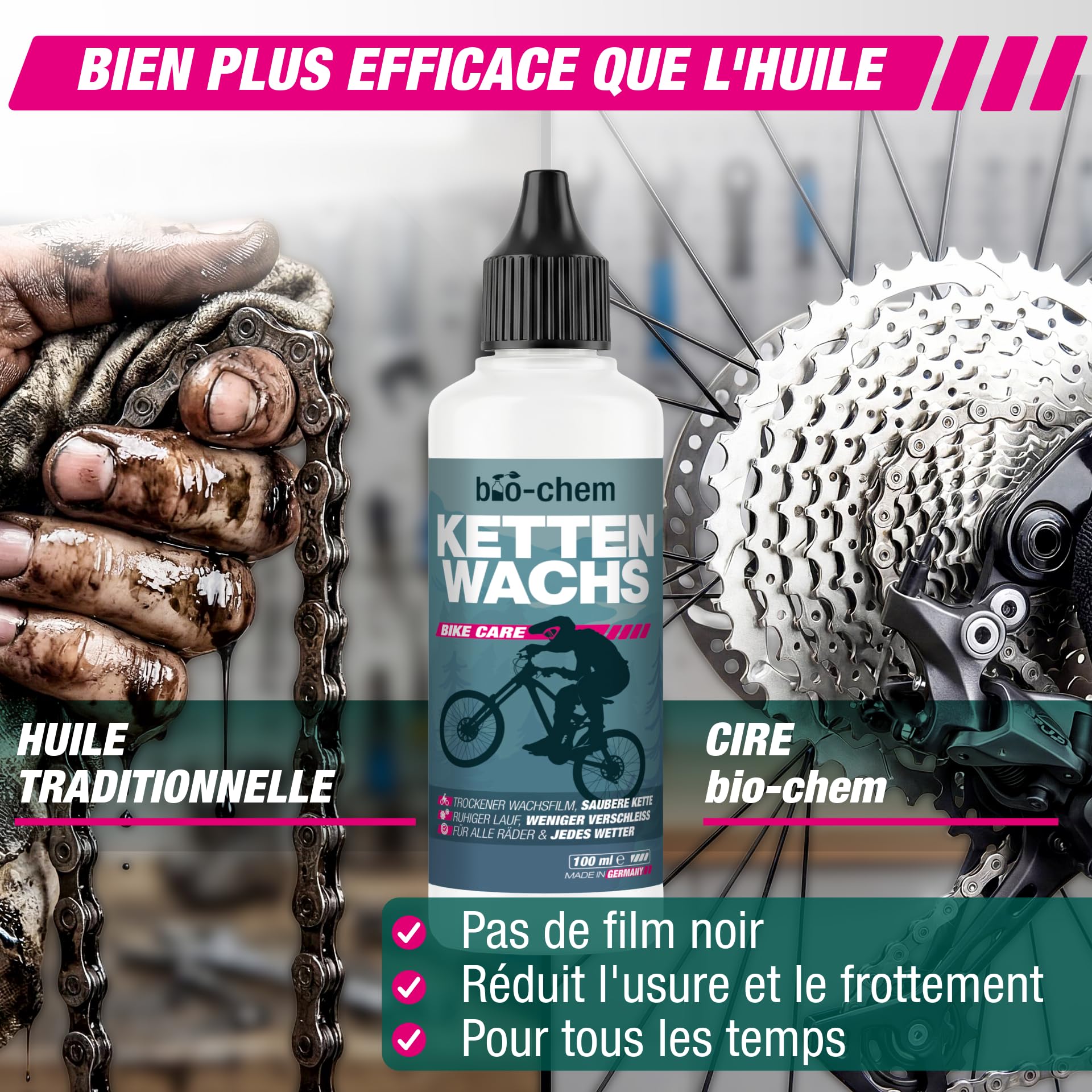 bio-chem Système de cire pour chaînes 7 produits pour vélos | Dégraissant vtt 1L - Cire pour chaine de vélo 100ml - Shaker + chiffon microfibres + set 3 brosses de nettoyage