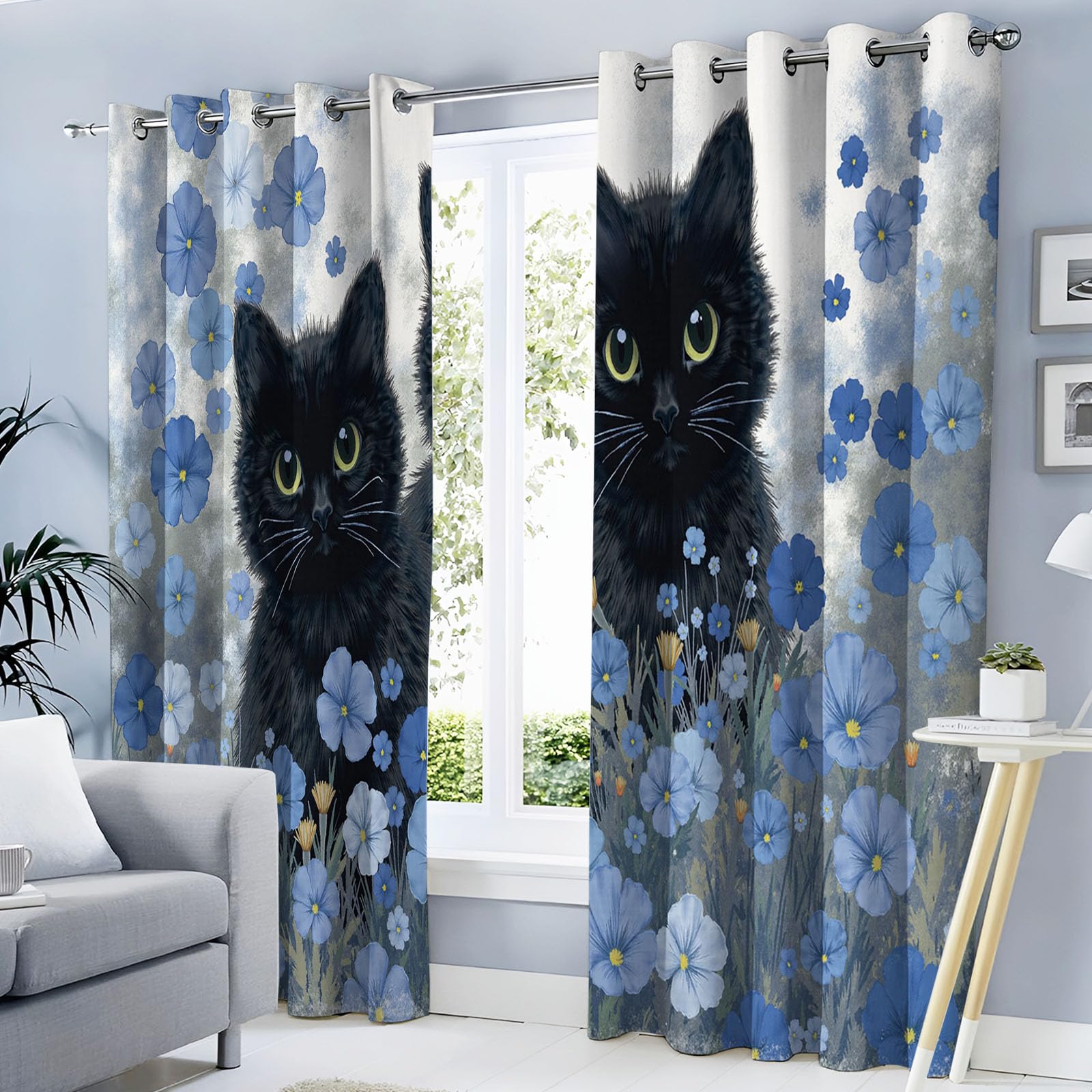 90% Blickdichte Vorhänge Aquarellblumen Katze, Thermo Verdunklungsvorhänge Mit Ösen, Blaugrau Rustikales Tier Fenster Gardinen Wohnzimmer Schlafzimmer Deko, 2Er Set H160Xb140Cm