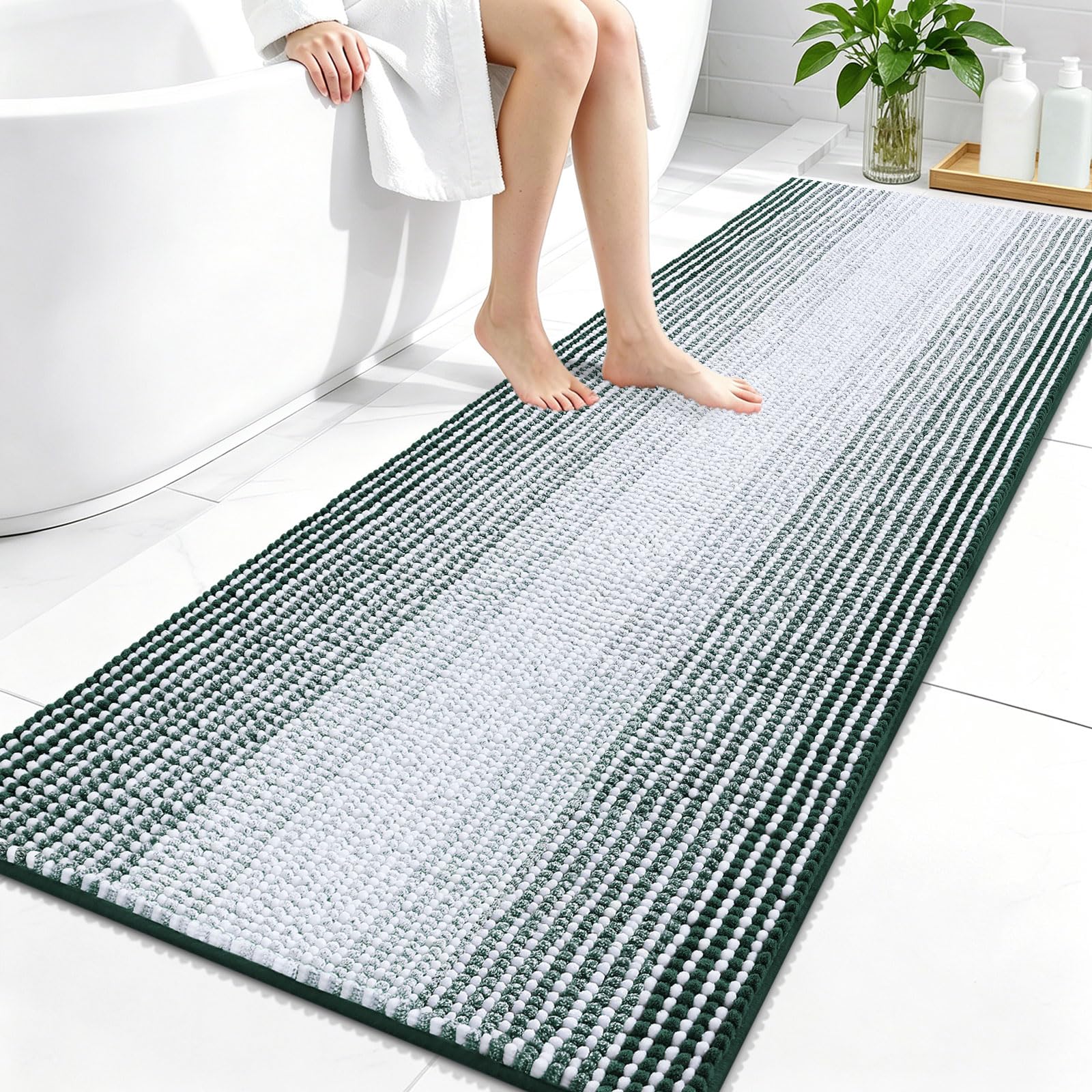 OLANLY Bathroom Runner Rugs 59x24, Soft Chenille Bath Rugs, Blackish Green