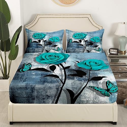 Miniatura 3 de Juego de sábanas románticas de rosas tamaño Queen, juego de ropa de cama de color azul marino degradado para decoración de habitación de adultos,