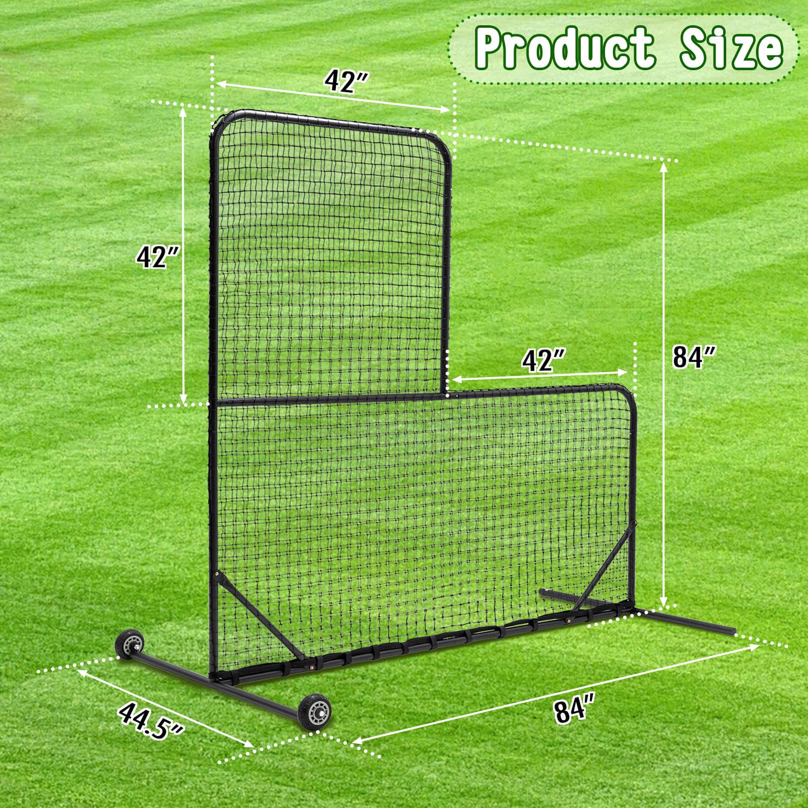L Screen Baseball Net for Batting Cage, 7x7 ft, Baseball Pitching Net with Portable Wheels, Body Protector for Back Drive Lines Beisbol