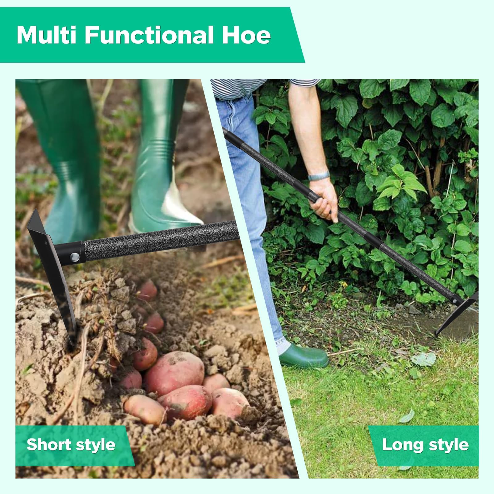 Gartenhacke mit Langem Stiel 190 cm, Wiedehopfhacke Spitzhacke Unkrauthacke für Schwere Gartenarbeiten Robuste Gartenwerkzeug zum Jäten, Graben, Lockern, Kantenziehen