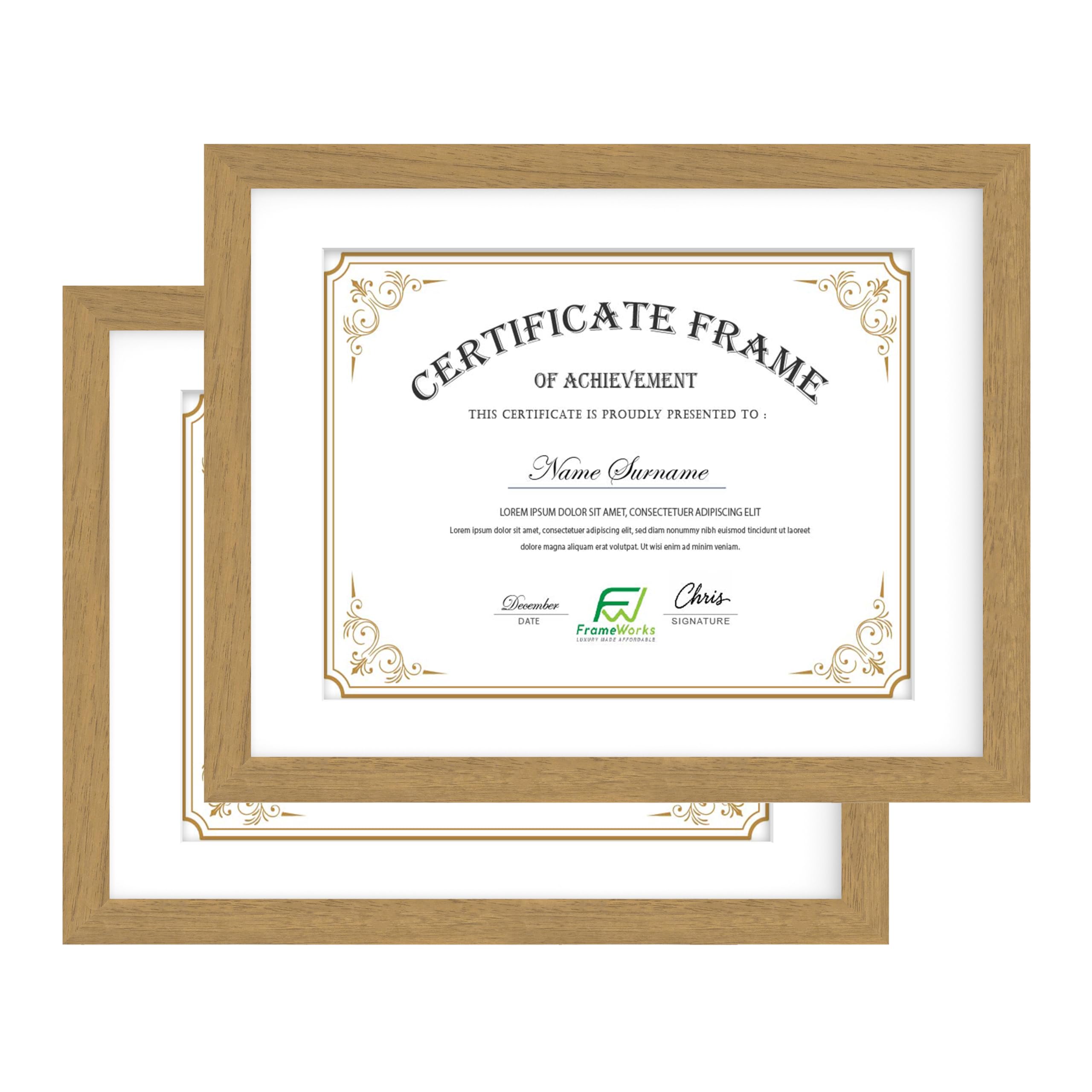 FrameWorks 11x14 mat to 8.5x11 Classic Wooden Document Frames Tempered Glass/Golden Oak / 2-Pack