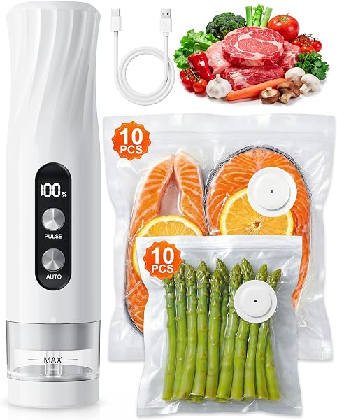 Babacom Envasadora al Vacío Portátil de Mano para Alimentos con Tanque Visible, Compacta y Selladora al Vacío Potente de -60kPa, Sellado 1 Toque y Modo Pulsante para Delicados, 20 Bolsas Reutilizables - 1