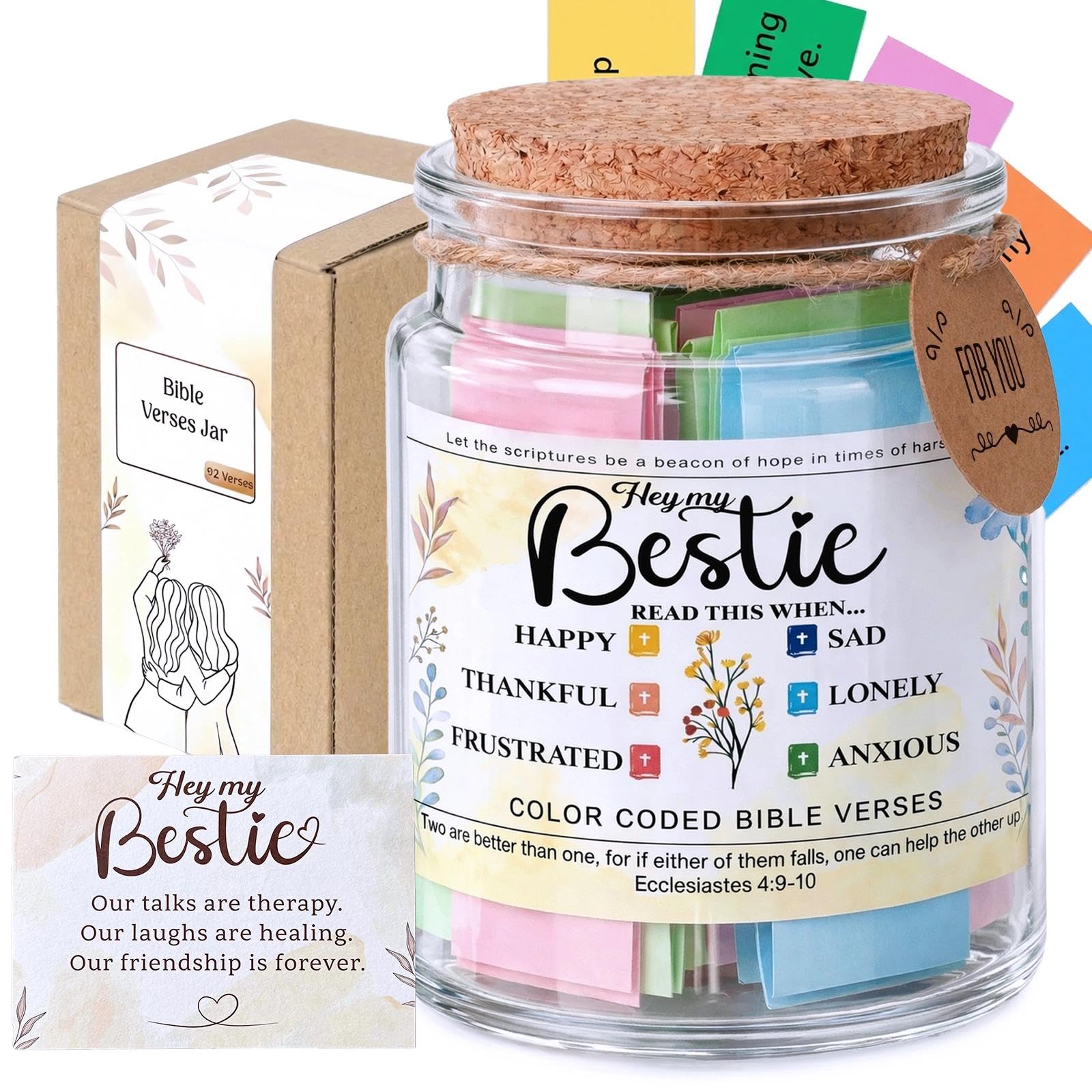 Giftgem Women's Bestie Gifts Bible Verse Jar Scripture Card Set With Colour-Coded Messages, Christian Gift For Sister Prayer Partner, Birthday Gifts For Glass Jar With Cork Lid, Friendship