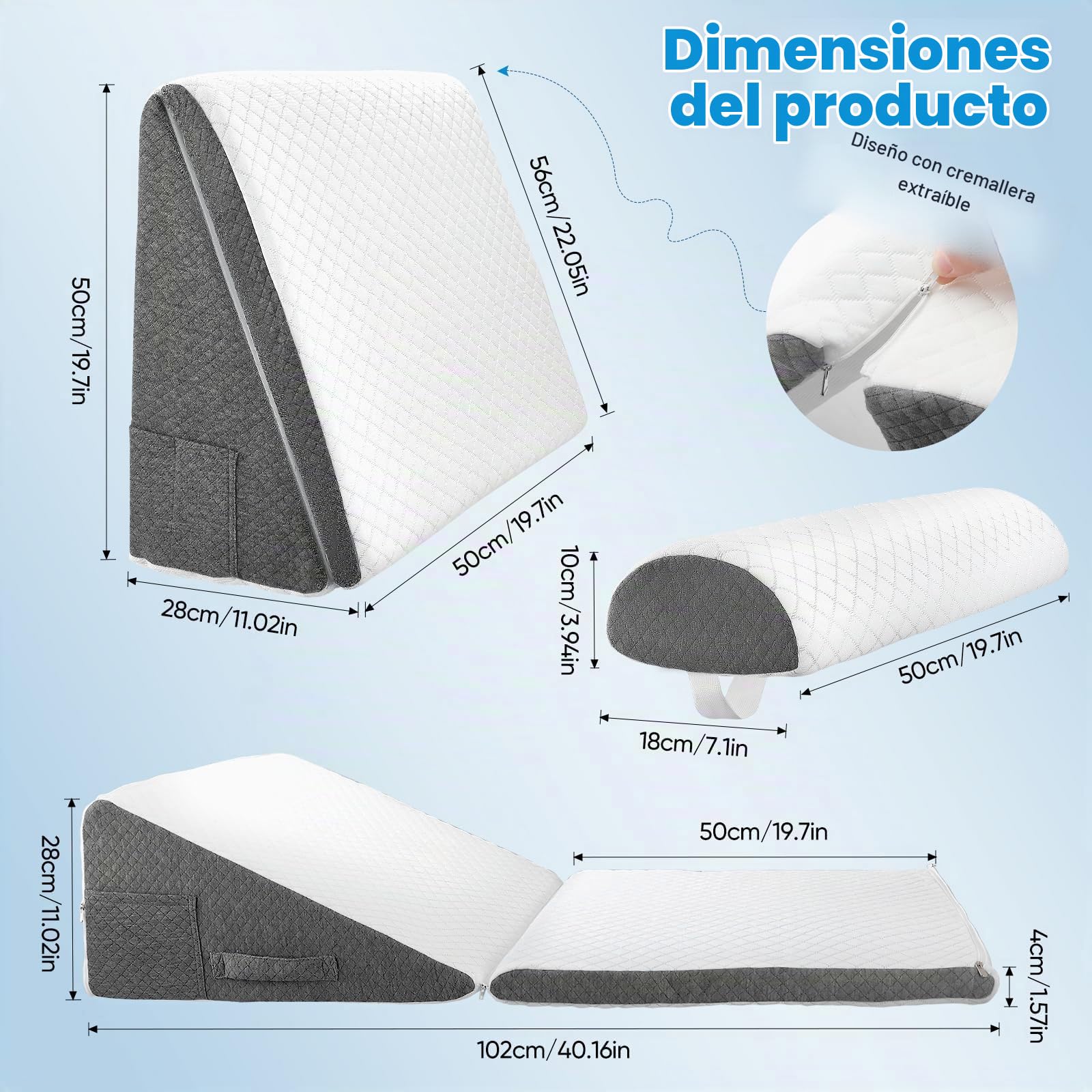 Almohada ortopédica 3 en 1 para dormir apnea con almohada ajustable, cojín de cuña para reflujo ácido, alivio del dolor de espalda, snoring, elevación de piernas con cubierta lavable, dormir