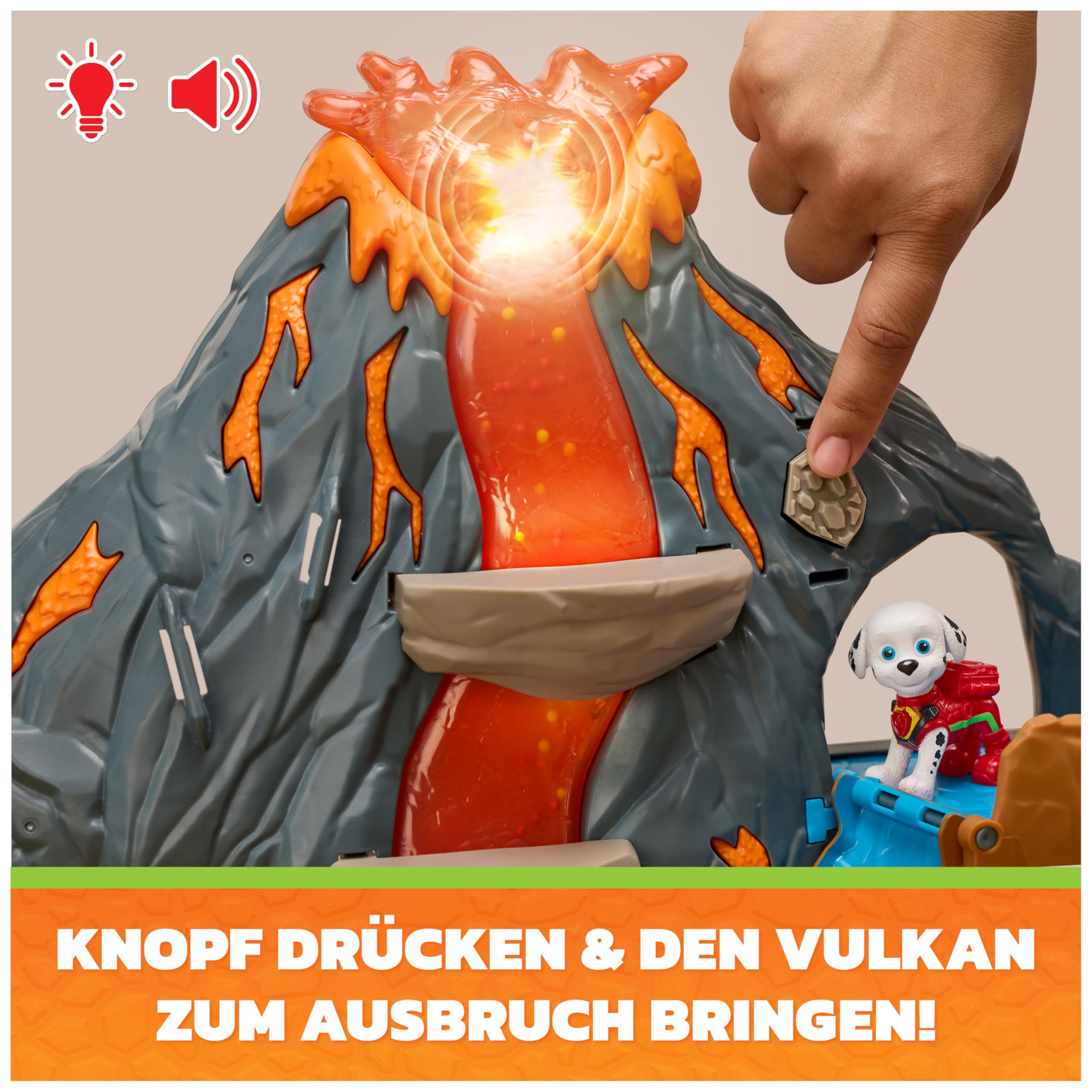 PAW PATROL: Der Dino Film Super-Lava-Blast Vulkan-Spielset, ab 3 Jahren | 360° bespielbar | Marshall- & Rhabarber-Figur | Licht & Sound | Multisensorisches Spiel | Vulkan-Ausbruch-Simulation