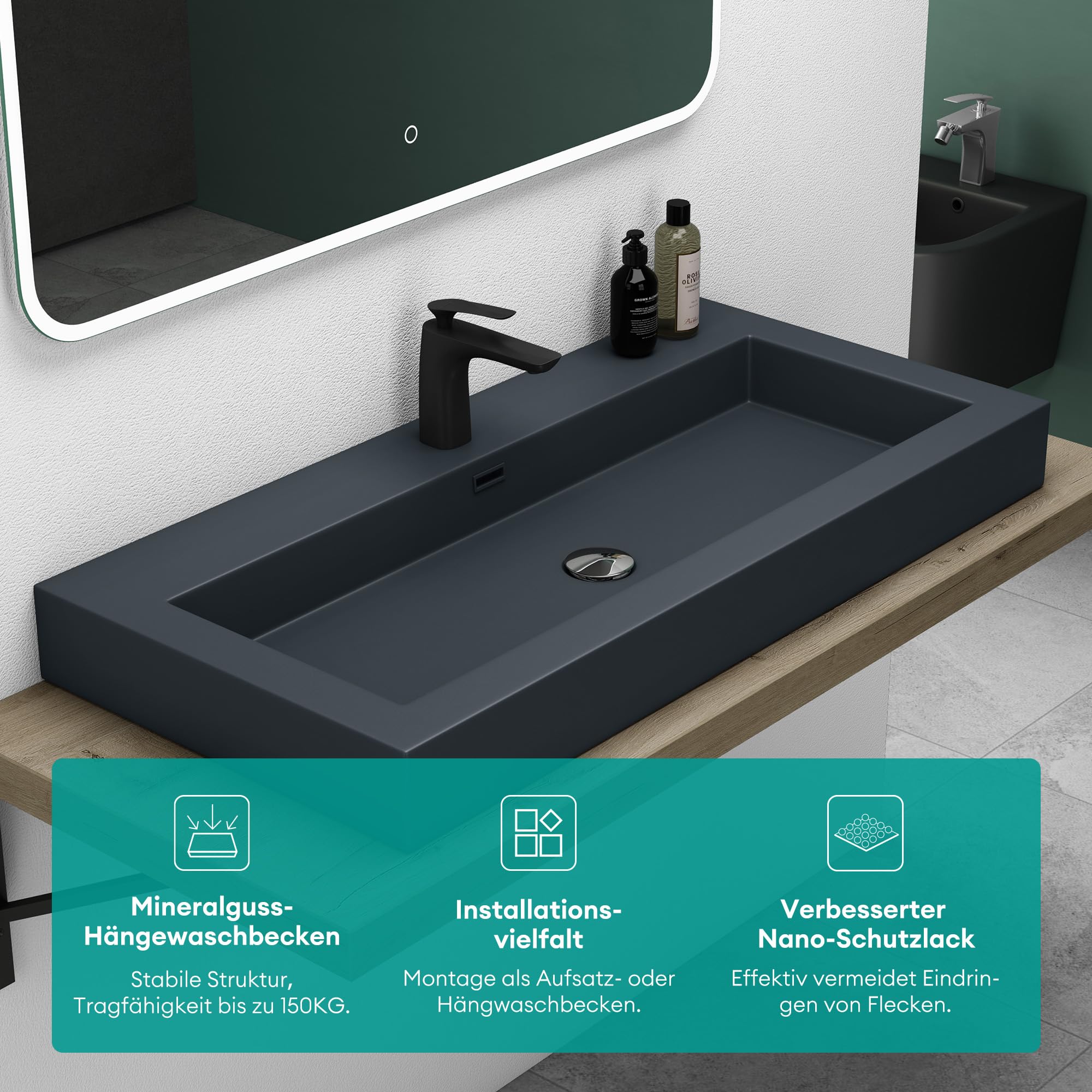 Mai & Mai Lavabo sobre Encimera Baño | Rectangular | Antracita Mate | Mármol Fundido | 60x48x12cm | con Rebosadero y Orificio para Grifo | Colossum18
