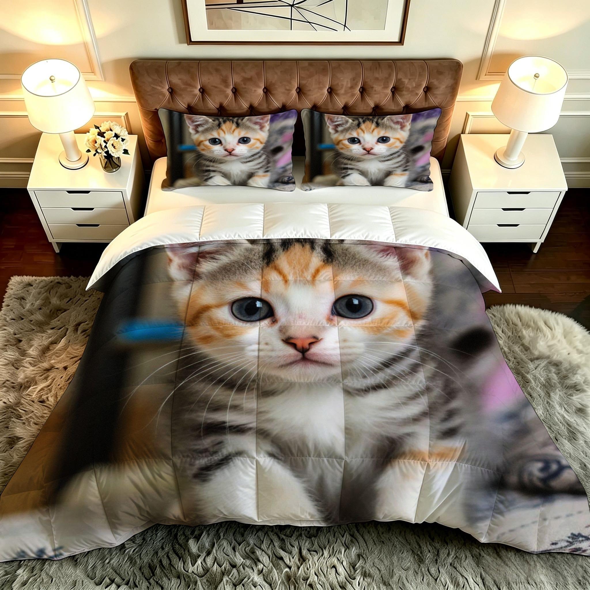 Couette 3D chat 160x200 cm avec 2 taies d'oreiller incluses pour lit double