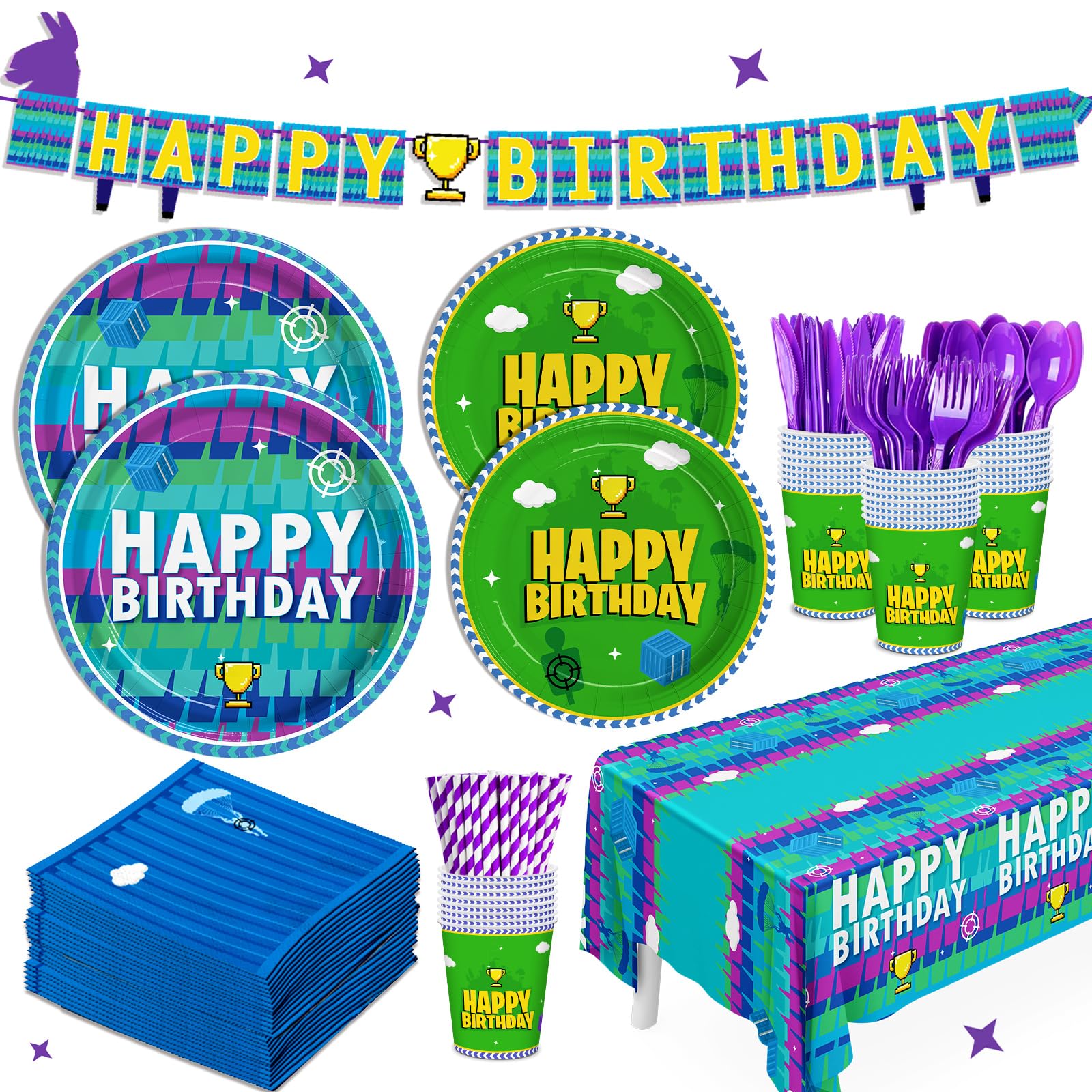 194pcs Video Game Birthday Party Decorations Party Plates Napkins Disposable Paper Cups Straws Banner Tablecloth Video Game Party Supplies Tableware