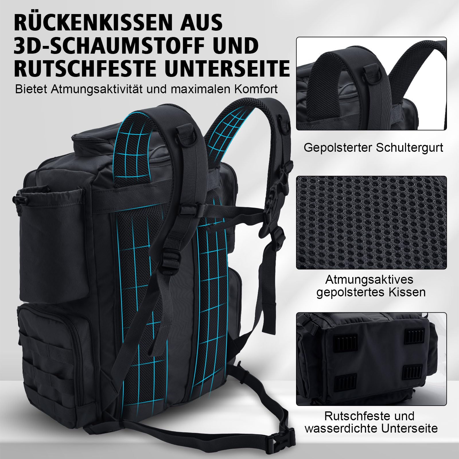 Goture Mochila de pesca con dos soportes para cañas de pescar y protector de lluvia, bolsa impermeable para aparejos de pesca con compartimento ajustable y 8 bolsillos para cebo, mochila de 45 litros