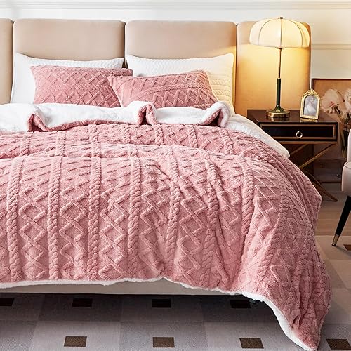 Joyreap Juego de edredón de 3 piezas de sherpa de piel sintética esponjosa, color rosa, juego de edredón de lujo copetudo, para todas las
