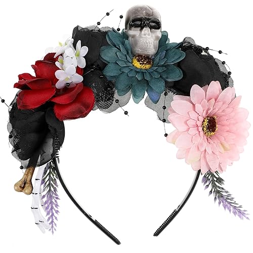 Beavorty 1 diadema de calavera con diseño de calavera para el Día de los Muertos, diadema floral mexicana, corona floral, rosa, para mujeres y niñas
