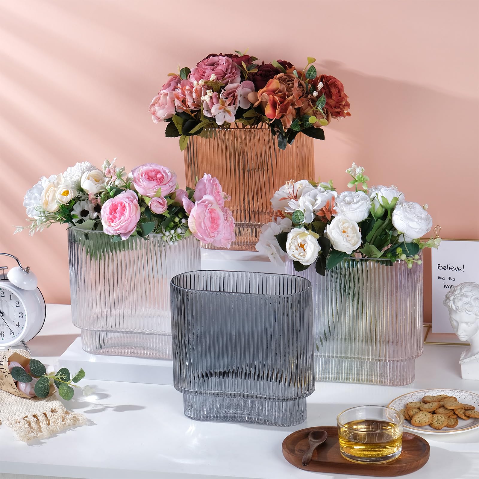 Amazon.co.jp: VanEnjoy リブガラス花瓶、色付きの溝付き花瓶、大きな