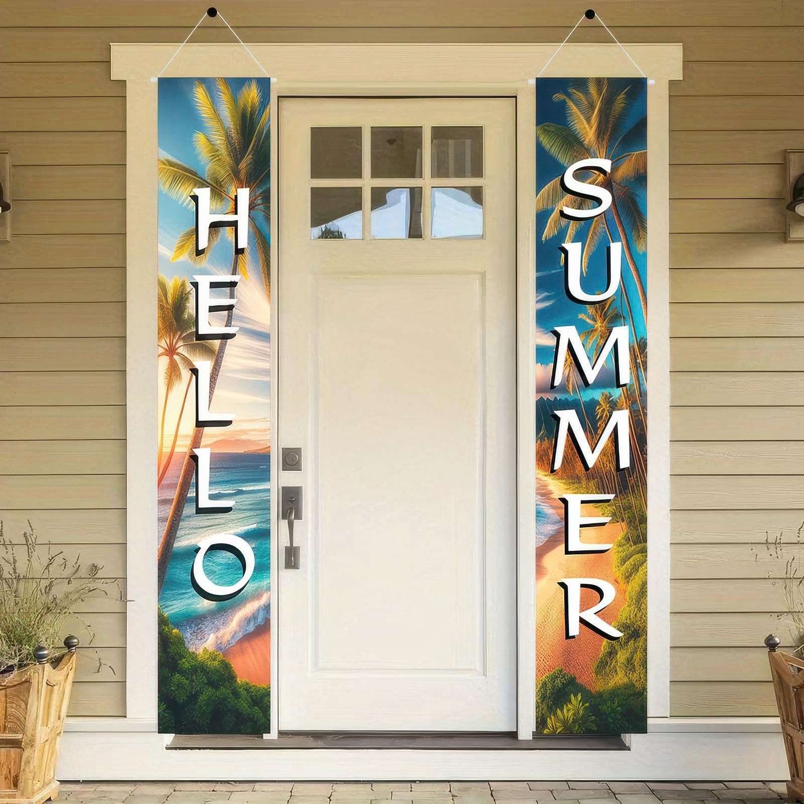 2-Piece Welcome Summer Door Banner - Hawaiian Tropical Porch Decor With Hibiscus Flowers