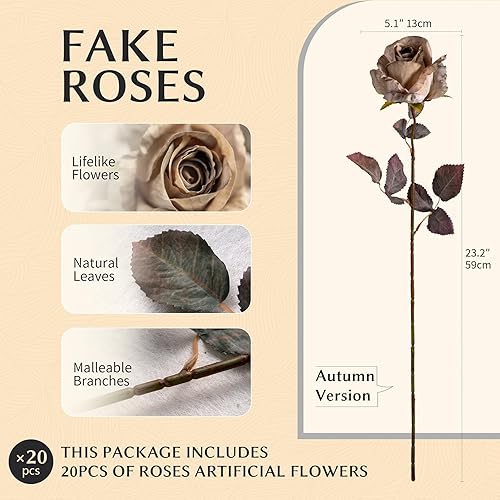 Miniatura 2 de Flores artificiales, rosas artificiales, rosas falsas de 23.2 pulgadas, flores artificiales de tallo largo para jarrón alto, rosa de seda, 20