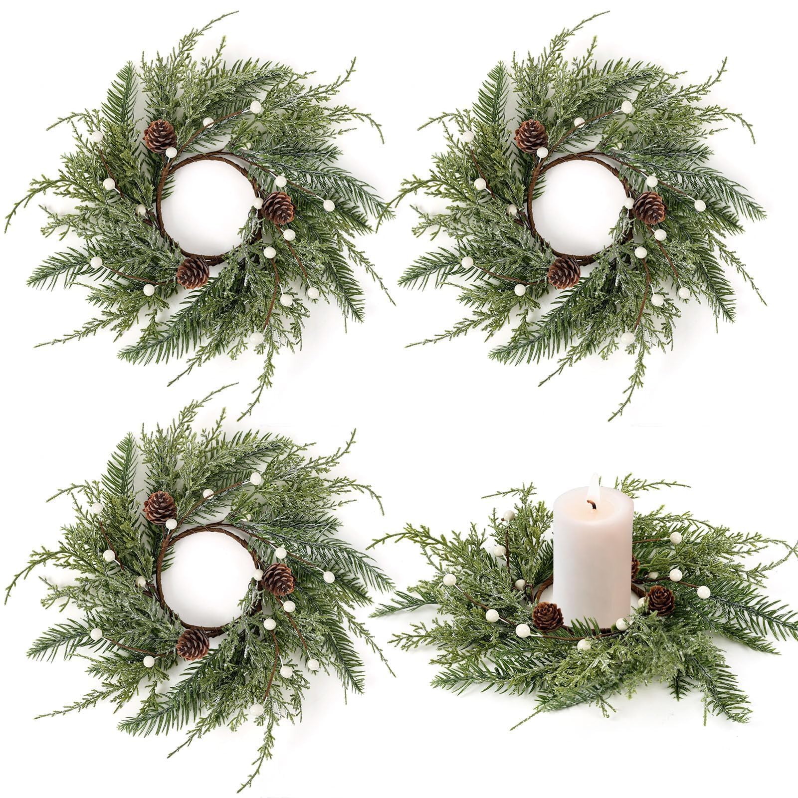 4 PCS Christmas Wreath Candle Rings Mini Wreath Pine Garland Artificial Frosted Cedar and Pine Cone Candle Rings Holder for Christmas Wedding Home Table Centerpiece Door Window Chair Wall