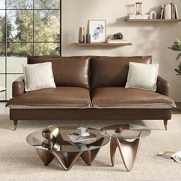 Fadware 83.5" Roll Arm Loveseat Sofa, Reversible Faux Leather & Corduroy Couch with Deep Seats, Mid-Century Modern Design with 2 Throw Pillows for Living Room, Brown