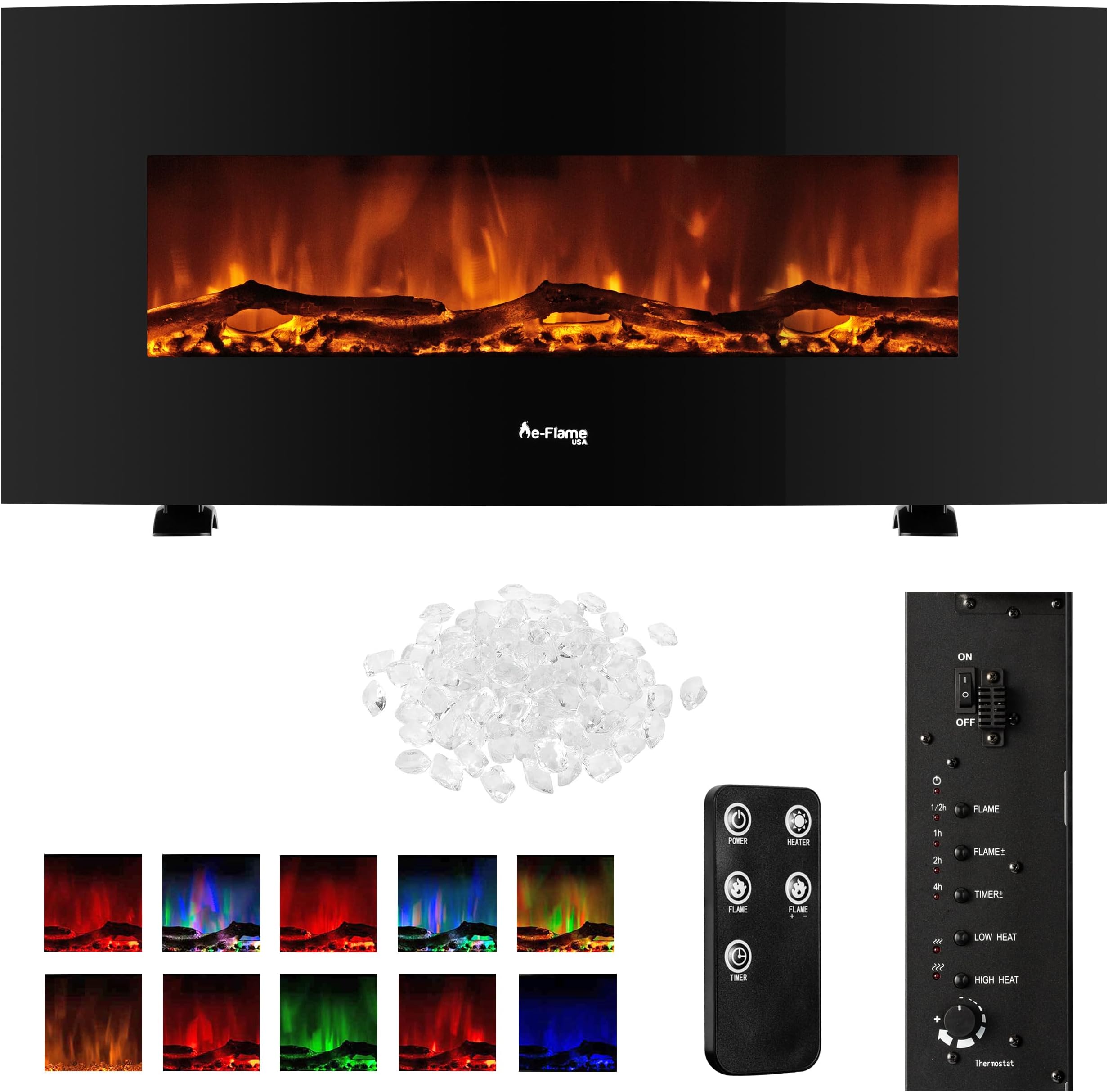 Sundance Curved Wall Mounted or Freestanding LED Electric Fireplace with Remote - Adjustable, Timer, Remote - 48 inch