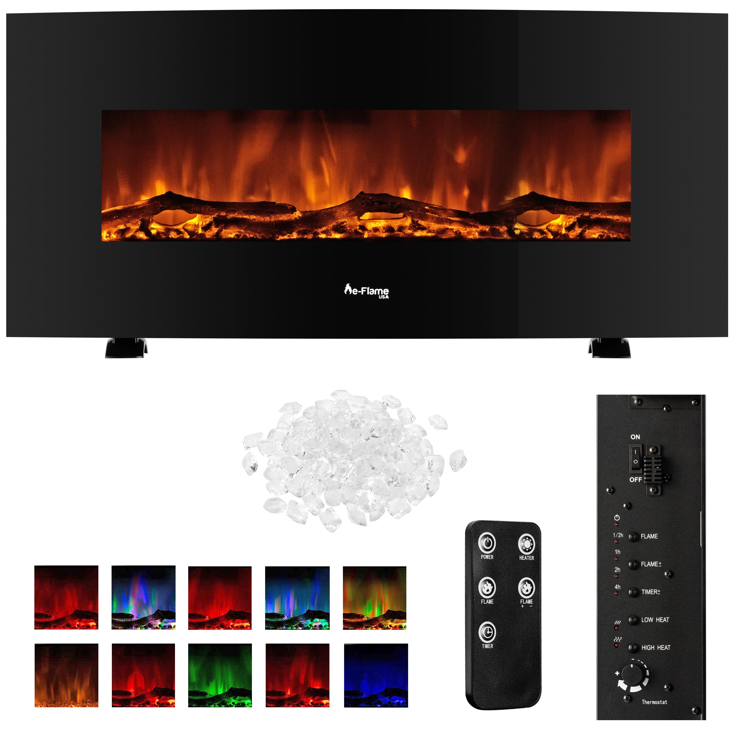 e-Flame USA Sundance Curved Wall Mounted or Freestanding LED Electric Fireplace with Remote - Adjustable, Timer, Remote - 48 inch