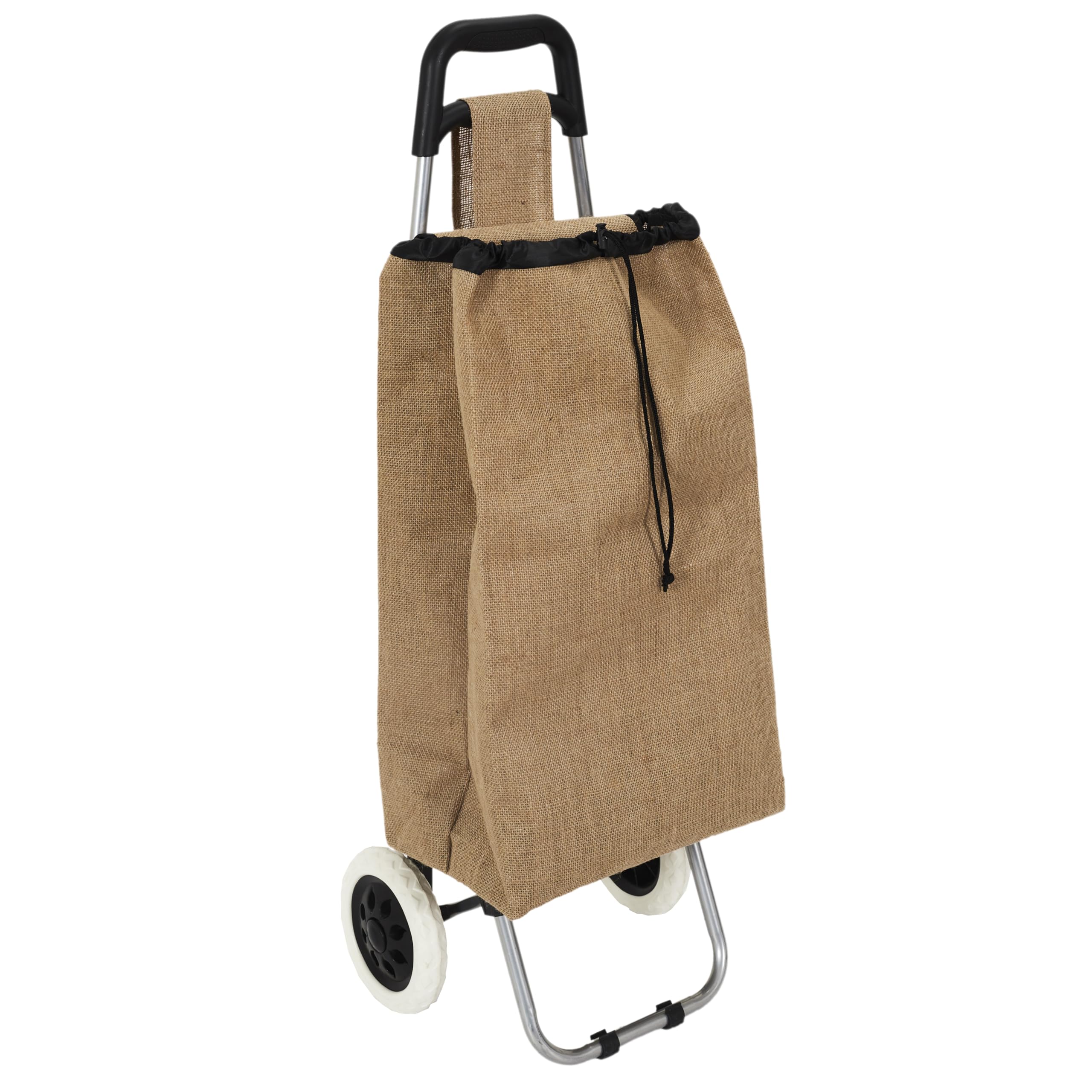 SH0012, Carrello della spesa 2 Ruote in juta, robusto e duraturo, ottimizza lo spazio di stoccaggio, tasca integrata, altezza ergonomica di 95 cm, mobilità su diverse superfici