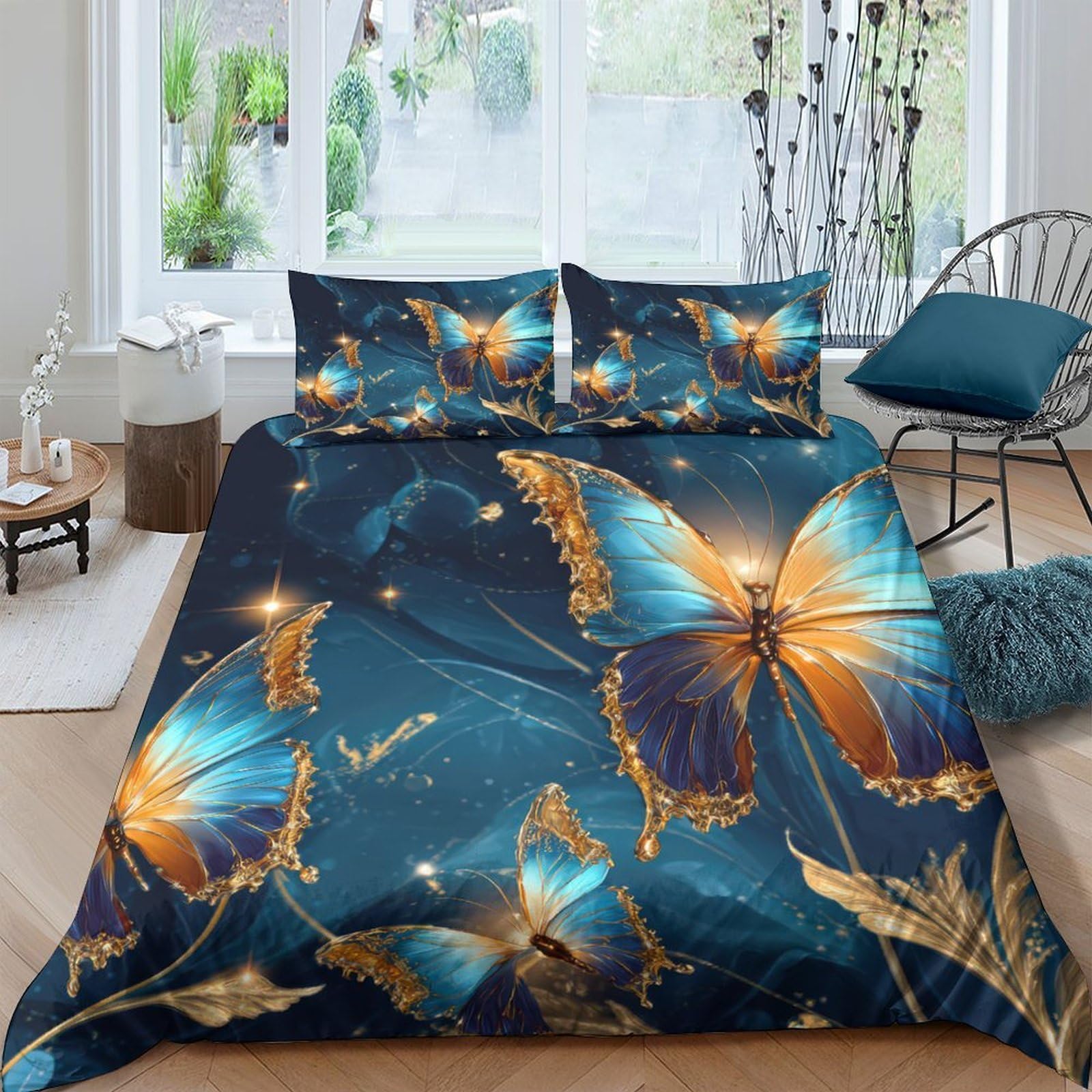 Ctjqhvkz Style-10 3D Printed Golden Butterfly Fitted Sheet Microfiber Soft Blue Art Mattress Cover For Bedroom Dorm Guest Room Decor Single（135X200cm）