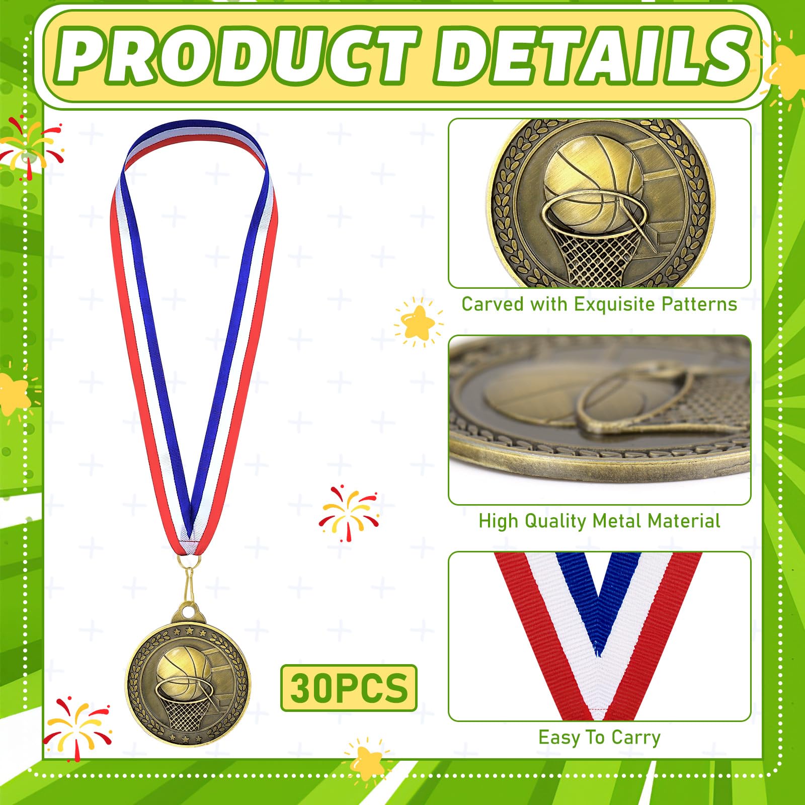 30 medaglie d'oro sfuse, 5,1 cm, campione, basket, calcio, baseball, pallavolo, trofeo, medaglie sportive in metallo, con nastri per il collo, per giochi e partecipazione sportiva