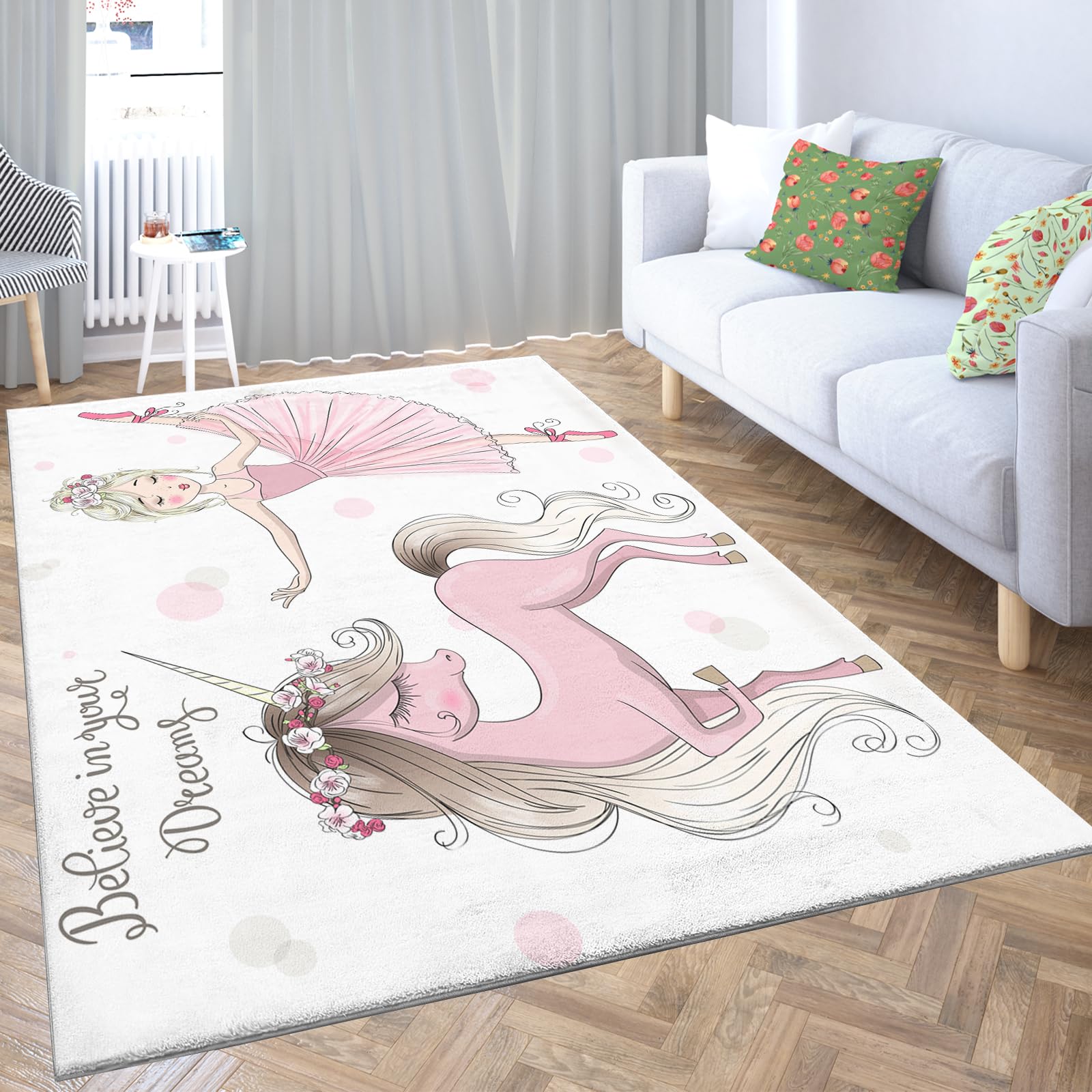 WHUOEUCO Alfombra Salón Moderna Unicornio niña Rosa 60 x 110cm Lavable Pila Corta Alfombra, para la Sala de Estar Dormitorio Habitación Infantil Alfombra Antideslizante