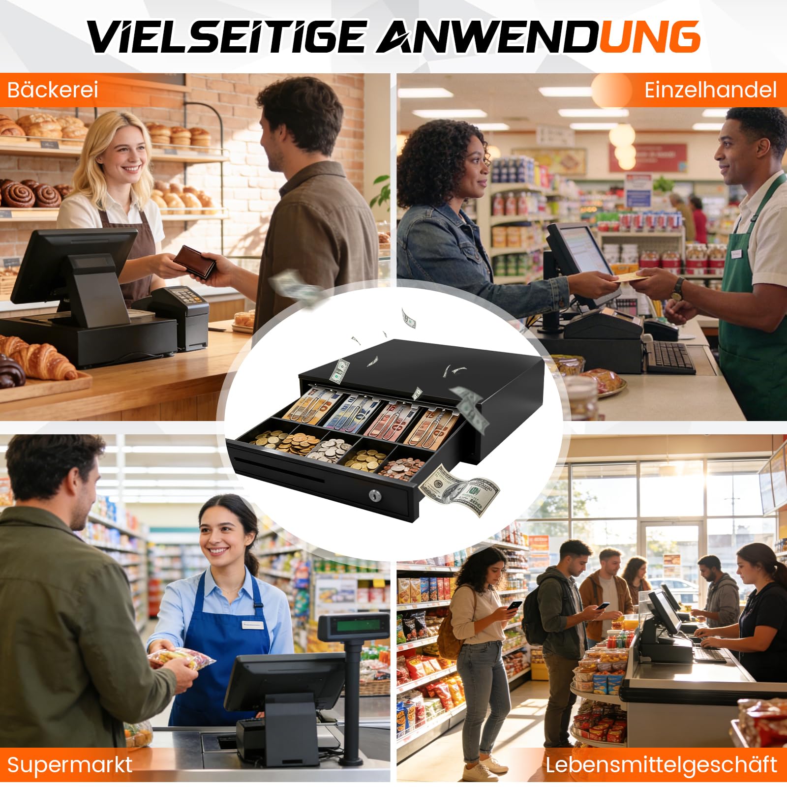 Kassenschublade abschließbar mit 4 Fächern für Banknoten 5 für Münzen, 37×34×8cm Geldkassette aus Metall, Registrierkasse mit RJ11, 2 Schlüsseln 3 Verriegelungsmethoden